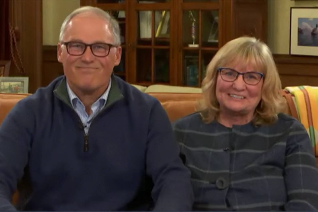 Screenshot from Gov. Jay Inslees news conference Nov. 12 with his wife, Trudi.