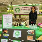 Mercer Island Community Fund board member Sarah Cox represents the fund at a table at the Mercer Island Farmers Market, pre-COVID. Photo courtesy of Erin Siriannis My MI blog