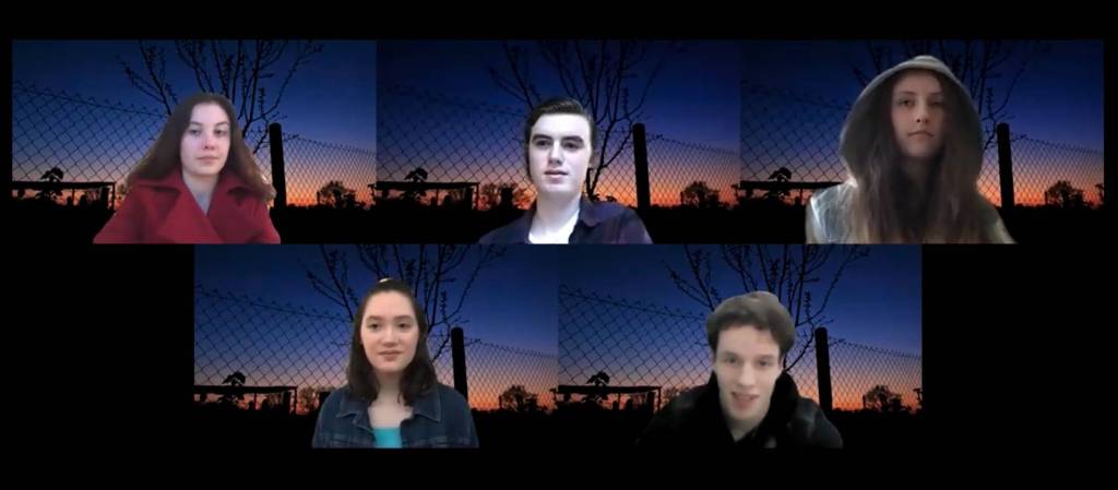 Mercer Island High School Drama Department actors rehearse for The Outsiders. Pictured are Catherine Grady, Lucas Vorkoper, Kyra McPherson, Kate Petersen and Jamisen Dowdy. The play will run online Dec. 3-5 and Dec. 10-12. Zoom screen shot