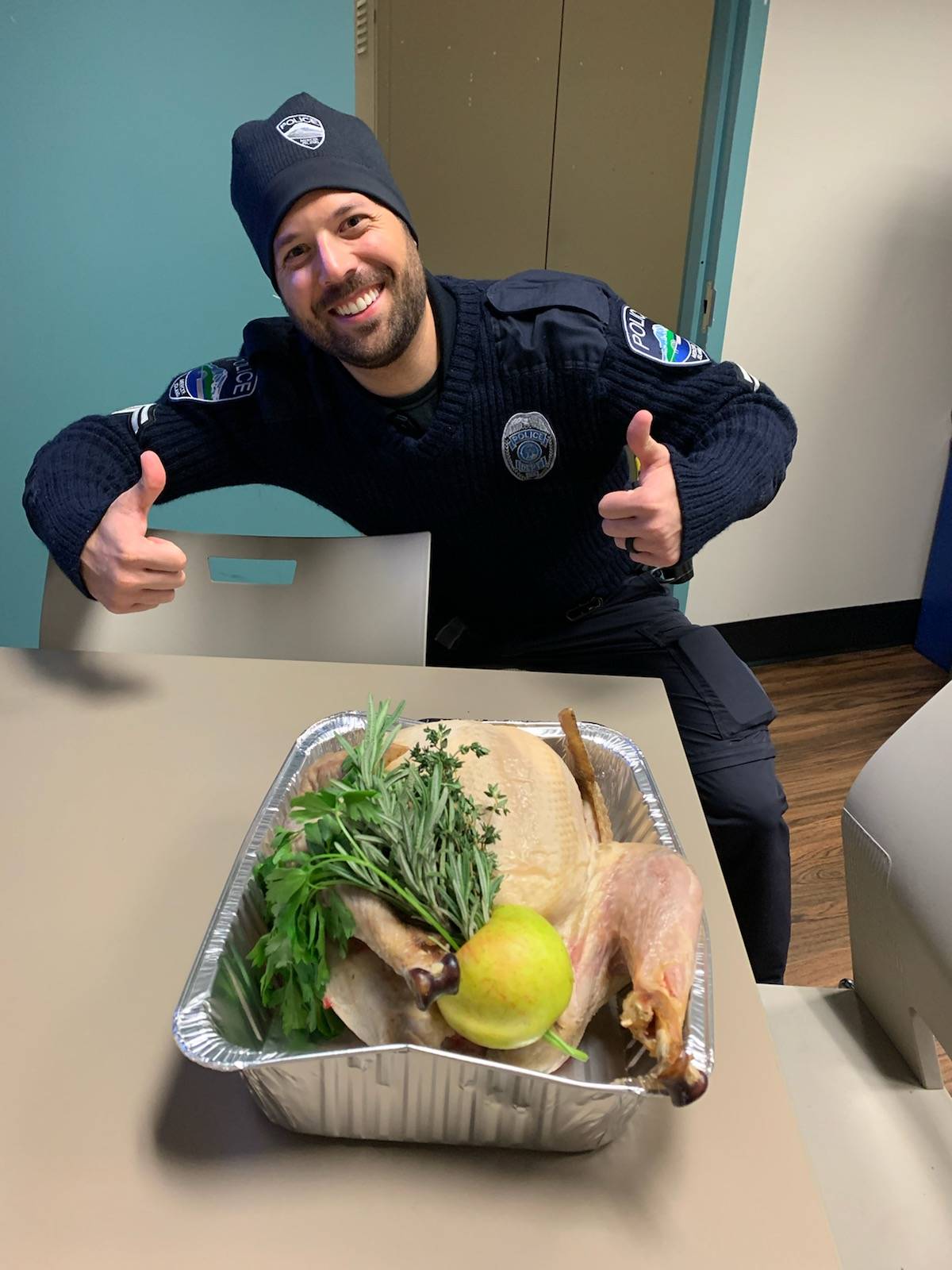 The Back the Blue community support organization along with the Lakehouse provided a Thanksgiving turkey and all the fixings for the Mercer Island Police Department. Courtesy photo