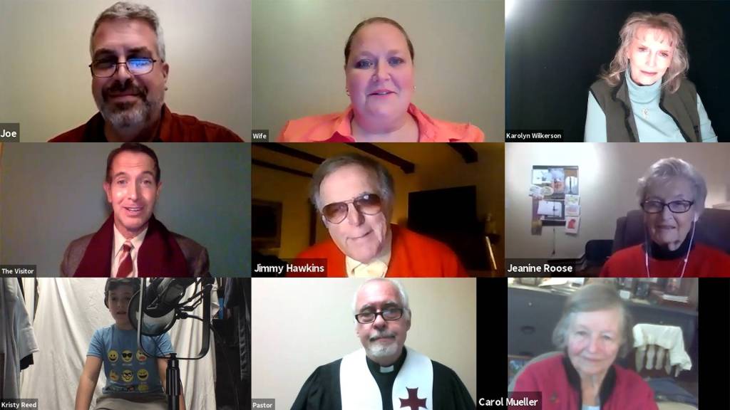 The Visitor includes Mercer Island chaplain Greg Asimakoupoulos, middle row at bottom; Brian Rohan, left row in the middle; Jimmy Hawkins; Jeanine Roose; Carol Coombs Mueller; and Karolyn Grimes. Courtesy Zoom photo