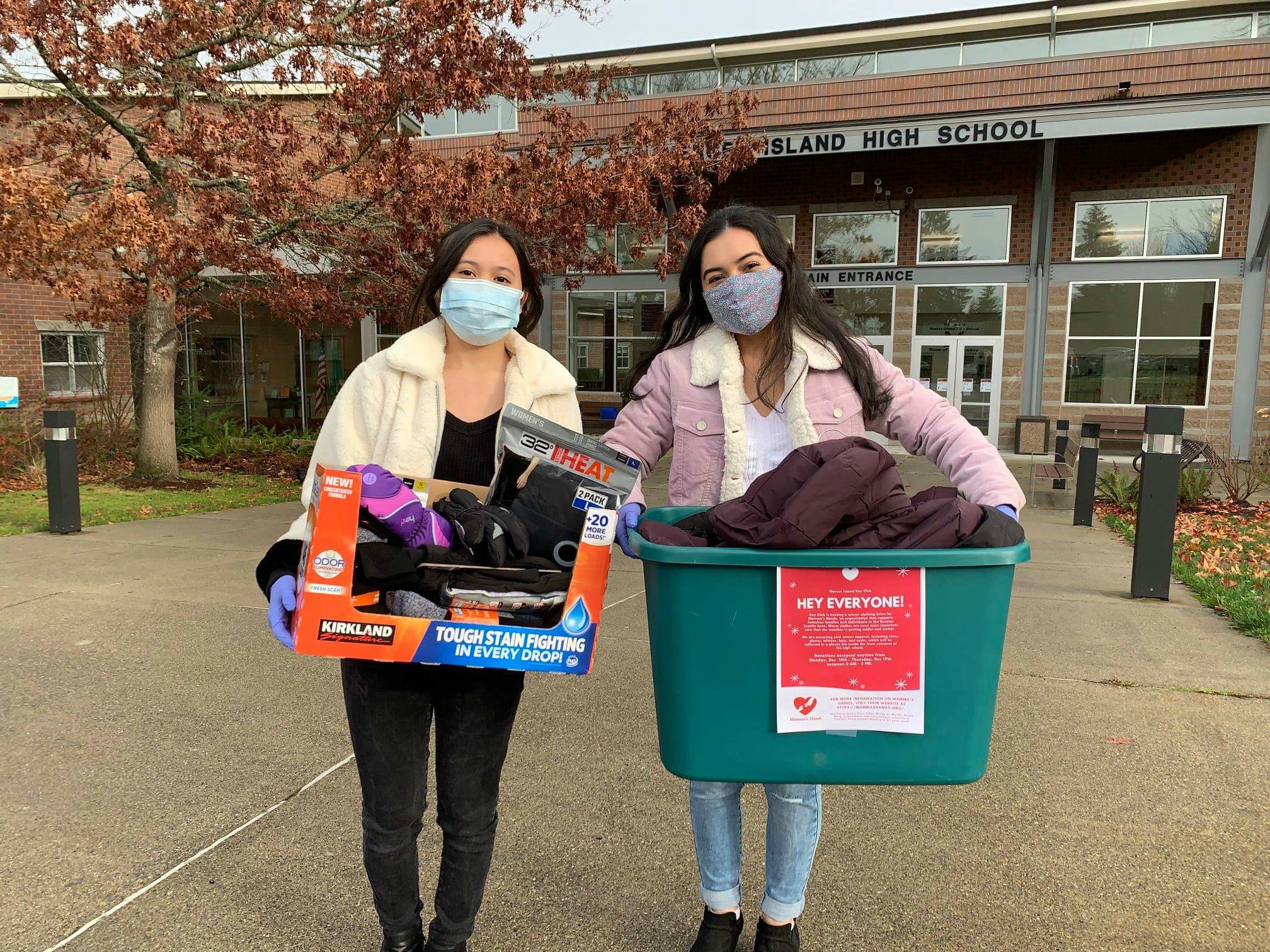 The Mercer Island High School Key Club ran a successful warm clothing donation drive to benefit Mammas Hands, which serves homeless families on the Eastside. Last month, the student service club, which is sponsored by the Mercer Island Kiwanis, collected socks, gloves, hats, pants and coats. Photo from the Mercer Island School District Facebook page