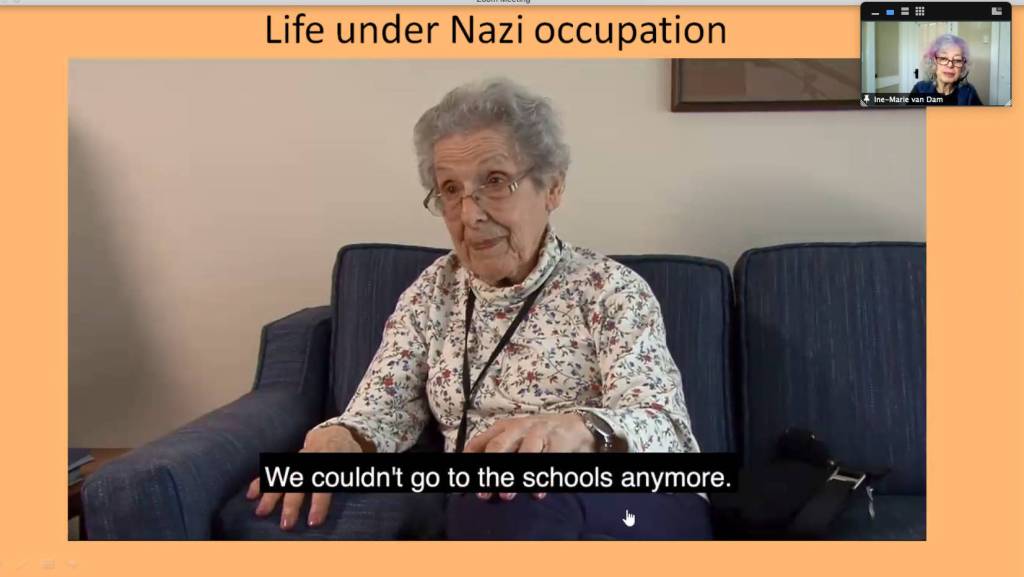 On March 3, Ine-Marie van Dam (upper right) tells the story of her mother Ada van Dams survival from the Netherlands to being sent to Auschwitz and her ultimate liberation at the end of World War II. Courtesy of the Mercer Island School District