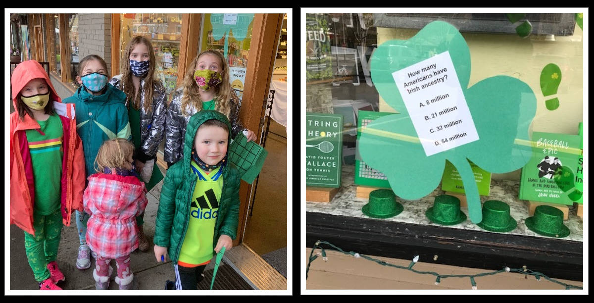 A family takes a break from strolling along the Leprechaun Trail in the Mercer Island business district on a recent day. Also pictured is a trivia shamrock in Island Books window. Starting March 1 and running through March 17, residents can follow the trail by locating those shamrocks and answering trivia clues to be eligible to win a pot of gold, which contains prizes from all 16 participating businesses. People can pick up a trail map from Island Treats (7605 SE 27th St. #106) or Island Books (3014 78th Ave. SE). Photos courtesy of Maddie Peterson