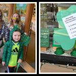 A family takes a break from strolling along the Leprechaun Trail in the Mercer Island business district on a recent day. Also pictured is a trivia shamrock in Island Books window. Starting March 1 and running through March 17, residents can follow the trail by locating those shamrocks and answering trivia clues to be eligible to win a pot of gold, which contains prizes from all 16 participating businesses. People can pick up a trail map from Island Treats (7605 SE 27th St. #106) or Island Books (3014 78th Ave. SE). Photos courtesy of Maddie Peterson