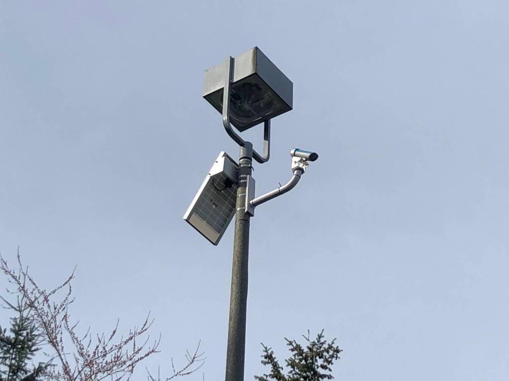 The city recently installed a laser pavement temperature sensor unit on a light pole in the Mercer Island City Hall parking lot. Courtesy of the city of Mercer Island
