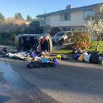 Mercer Islands police and fire departments were on the scene of a rollover accident in the 9300 block of Mercerwood Drive on April 14. Photo courtesy of the Mercer Island Police Department