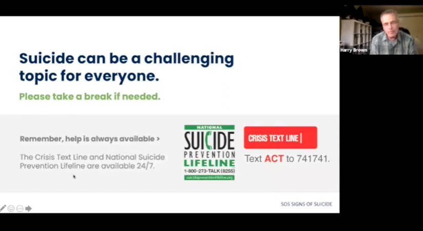 Harry Brown leads a presentation on Signs of Suicide (SOS): Youth Suicide Prevention for Parents. Zoom screen shot