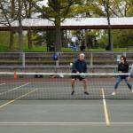 In April 27 morning pickleball action at Luther Burbank Park, Tom Krazit makes a shot next to partner Carolyn Starr. Van Rex Gallard is at the back left with partner Tom Robinson. Andy Nystrom/ staff photo
