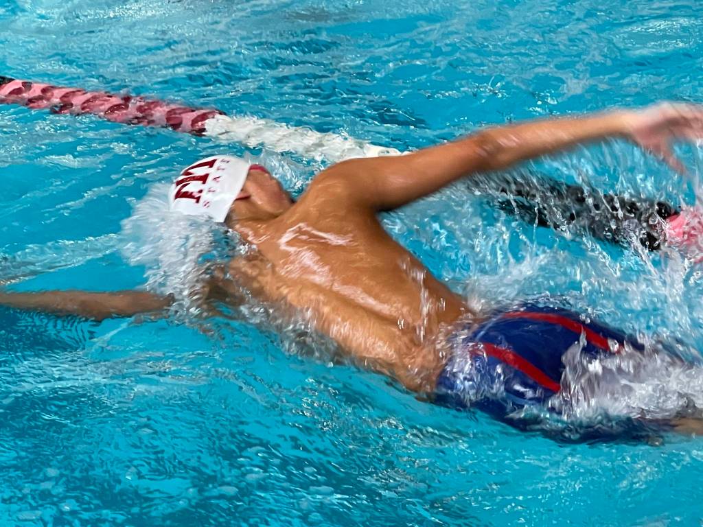 Mercer Island sophomore Evan Liu blasts through the 200 freestyle relay on April 27. Photo courtesy of Lesleigh Watson