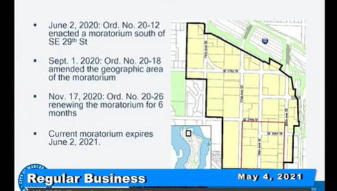 Mercer Island City Council amended the scope of the Town Center moratorium on Sept. 1, 2020 and extended it by six months on Nov. 17, 2020. Zoom screen shot