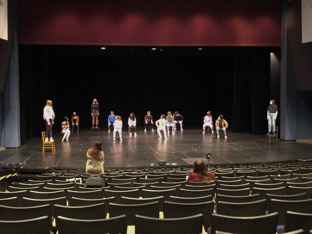 Students hit the stage for rehearsals of The Theory of Relativity. Photo courtesy of the Mercer Island High School Drama Department