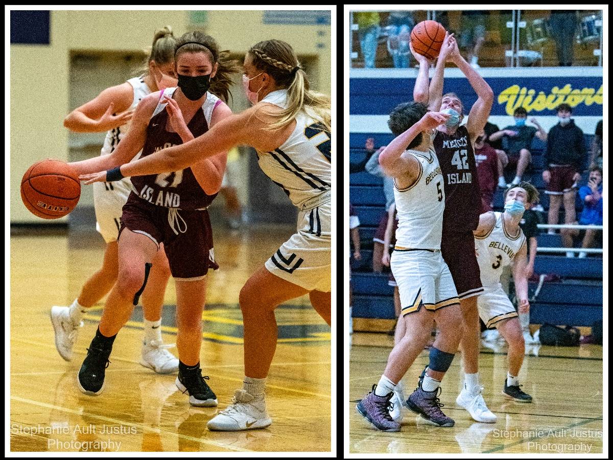 Mercer Islands Caitlin Monahan dribbles the ball while being guarded by Bellevues Sara Bowar during the Islanders 52-51 victory on May 5. In boys action, Mercer Islands David Pickles scores the winning basket with three seconds remaining over Bellevue junior Tom Nash while Bellevues Oliver Thomas looks on during the Islanders 56-54 victory on May 4. The Islander girls finished their season 7-1 and the boys finished 6-2. Photos courtesy of Stephanie Ault Justus
