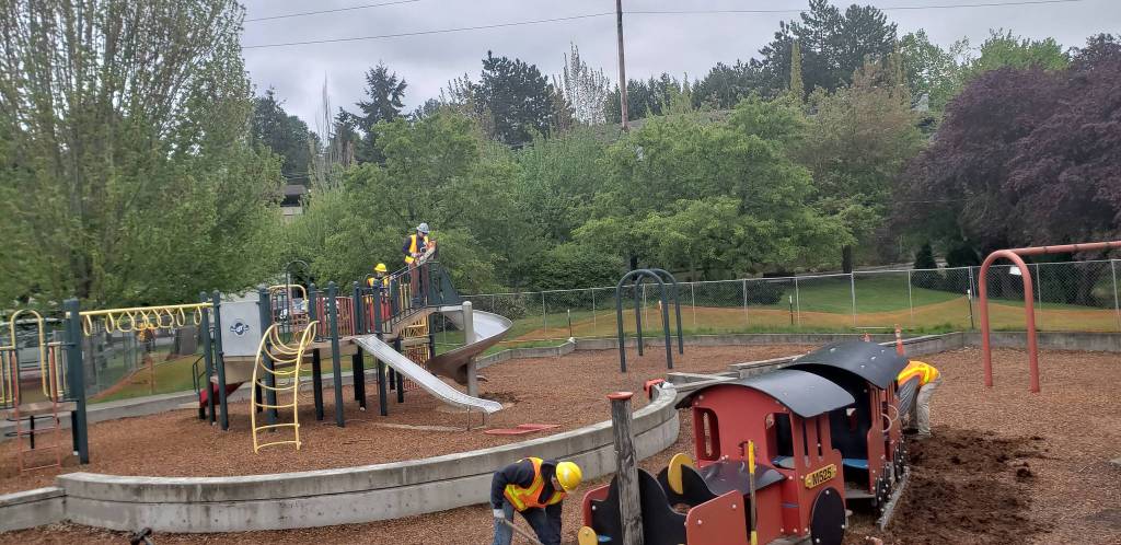 Mercerdale Park playground equipment demolition began at about 9 a.m. on May 8. Photo courtesy of John Hamer