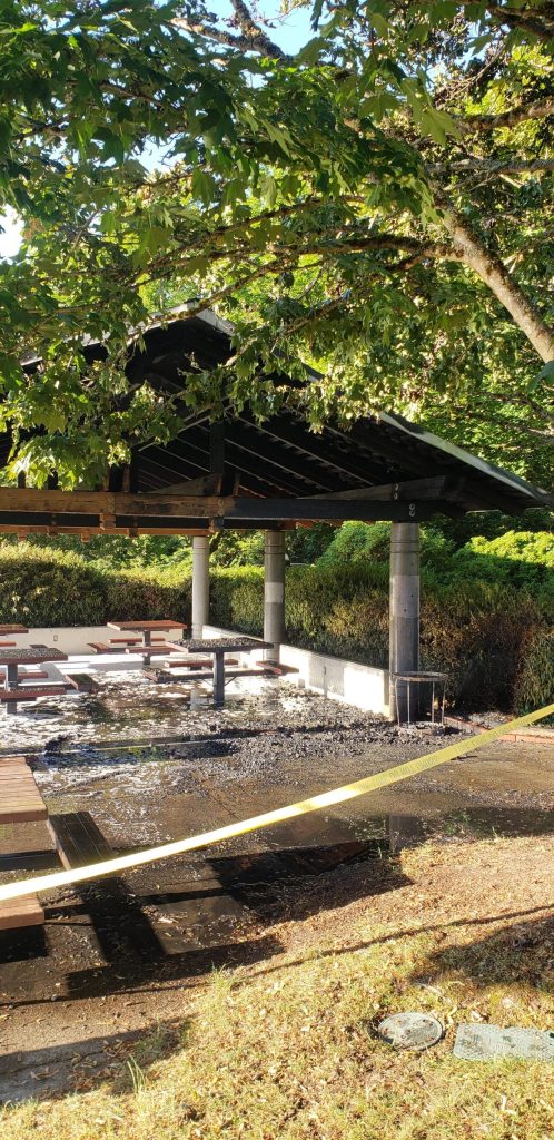 A fire caused significant damage to the roof of the Aubrey Davis Park picnic shelter on June 1. Photo courtesy of the Mercer Island Fire Department