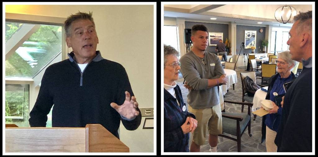 Jim Zorn, former Seahawks quarterback and Mercer Island resident, spoke at a recent community breakfast for residents at Covenant Living at the Shores. Zorn shared stories of his life as a player and coach in keeping with his talk Life Lessons Disappointment Has Taught Me. Acknowledging the retirement communitys upcoming 40th anniversary, Zorn related how he and his young bride temporarily lived in the apartments at The Shores in 1981 when their home was being built. The monthly breakfast event was the first one since COVID restricted regular programming on the campus 15 months ago. Photos courtesy of Greg Asimakoupoulos