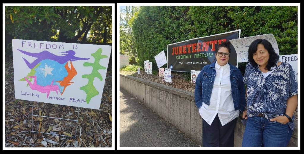 ONE MI (Organizing Network for Equity) founders Danielle Damasius and Robin Li stand next to the What Freedom Means to Me public art installation on Juneteenth, which is presented by ONE MI and the city of Mercer Island. Also pictured is one of the signs expressing a viewpoint of freedom submitted by a Mercer Island resident. Andy Nystrom/ staff photos
