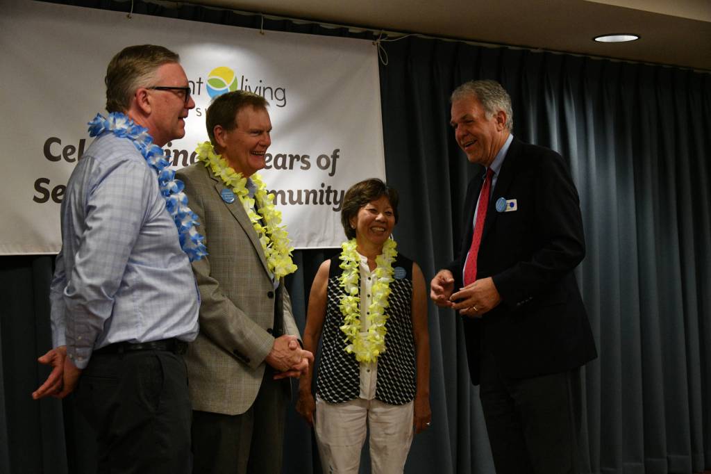 Past administrators Bruce Erickson, Ronald Bergstrom and Anne Arakaki Lock visit with current administrator Bob Howell at the Covenant Living at the Shores 40th anniversary celebration on June 21. Andy Nystrom/ staff photo