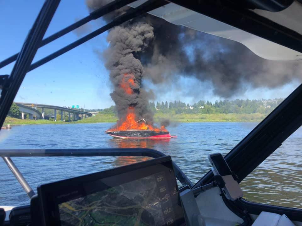 While conducting a joint patrol with the U.S. Coast Guard Station Seattle on Saturday, Mercer Island Police Departments Marine Patrol Unit responded to a boat engulfed in flames on Lake Washington. The occupants are safe and jumped into the lake to avoid the fire. The fire was quickly extinguished before the boat was towed to shore. The Reporter will update the story when more information becomes available. Photo courtesy of the U.S. Coast Guard Station Seattle