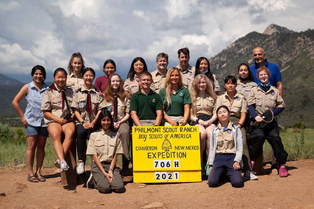 The Troop 678 crew at Philmont Scout Ranch in New Mexico, from left to right, Dr. Susan Shenoi, Amelia Han, Julia Harper, Lexi Liu, Simone Shenoi, Sofia Loop, Lydia Hogg, Rachel Yu, Matt Maring, Dan Harper, Lauren Maring, Karen Zhang, Nina Yan, Joyce Liu, Anahita Najafian, Dr. Behzad Najafian and Juliana McKeehan. Joining them are a pair of Philmont rangers who gave the troop an orientation. Courtesy photo