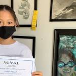 Ninth-grader Ava Yeh stands with her first-place acrylic painting, An Astronomical Swim, in the category for 2D art for grades 9-12 at the Mercer Island Visual Arts League (MIVAL) Junior Arts Show. The 47-year tradition continues at the MIVAL Gallery, 2836 78th Ave. SE, through Aug. 27. The gallery is open from noon to 6 p.m. Thursday-Saturday and noon to 4 p.m. Sunday. The show, which is sponsored by MIVAL, Wells Fargo Bank and Coldwell Banker Bain, hosts artwork by children in grades K-12 and includes drawing, painting, photography, ceramics, other 3D art and digitally produced images. Photo courtesy of the Mercer Island Visual Arts League