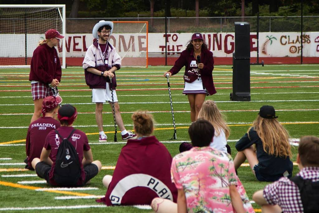 Drum majors, standing left to right, Kaisa Olson, Ben Kinder and Jaya Woerner. Photo courtesy of Chris Clark