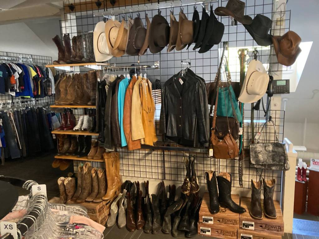 A recent addition to the Mercer Island Thrift Shop is a collection of brand-new and gently used Western wear, including rhinestone boots, hats and leather jackets. Courtesy photo