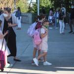 Northwood Elementary School students arrive for their first day of classes on Sept. 1. All Mercer Island School District schools with students in grades 1-12 began in-person, full-time classes on that day. Kindergartners were set to start in-person, full-time classes on Sept. 3. All students and employees will be required to wear masks in their buildings and on school buses. Andy Nystrom/ staff photo