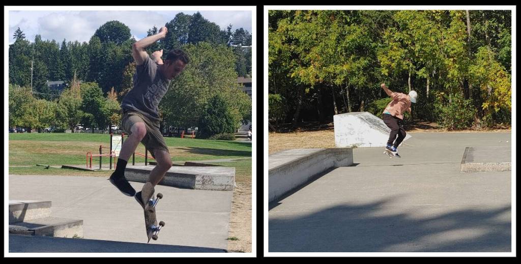Mercer Island High School alumni Sam Bahn, left, and Joddy Krebs enjoy a skateboarding session at Mercerdale Park on Sept. 13. Andy Nystrom/ staff photos