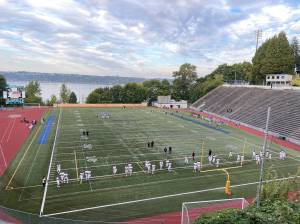 The Mercer Island High School football team warms up for its Sept. 24 game at picturesque Stadium High School in Tacoma. Photo courtesy of the Mercer Island School District