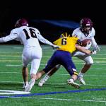 Bellevues Matt Yamamoto tackles Mercer Islands Addison King while Mercer Islands Davis Johnson enters the action during Bellevues 49-0 football victory on Oct. 1. MI quarterback Eli Fahey went 17-for-34 for 165 yards, including eight passes to Cole Drayton for 76 yards. Chase Shavey amassed eight solo tackles and seven assists for the Islanders (1-1 in 3A KingCo and 3-2 overall), who will next play at Liberty (Renton) at 7 p.m. on Oct. 8. Photo courtesy of Stephanie Ault Justus