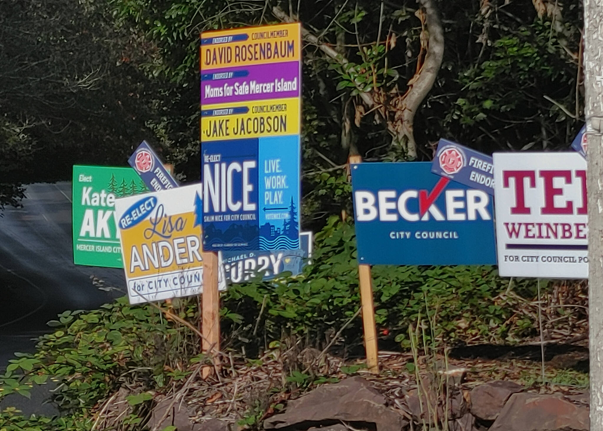 Mercer Island City Council candidates signs placed along Island Crest Way. Andy Nystrom/ staff photo