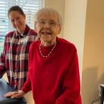 Island House resident Adah Edwards works on balance and strength exercises with Physical Therapist Chrissy Phillips. There are many advantages to having health professionals just down the hall!