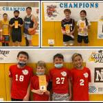 Winners of the 3 on 3 Islander Madness Tournament, clockwise from upper left, The Amigos, 3-point shootout (Colin Monahan and Anna Mock) and Tiny Ballers. Courtesy photo