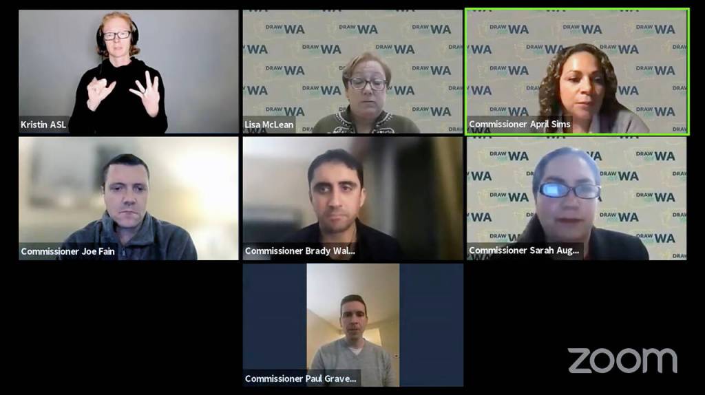 The Washington State Redistricting Commission held a public meeting over Zoom on Monday night to draw the final legislative and congressional district boundaries. Most of the five-hour session was spent in caucus meetings, which were unavailable to the viewing public. (Washington State Redistricting Commission)