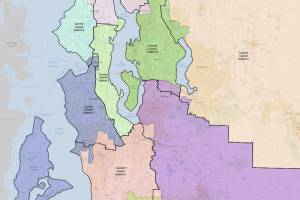 Comparison map between current district map and proposed draft. (Screenshot from King Countys website)