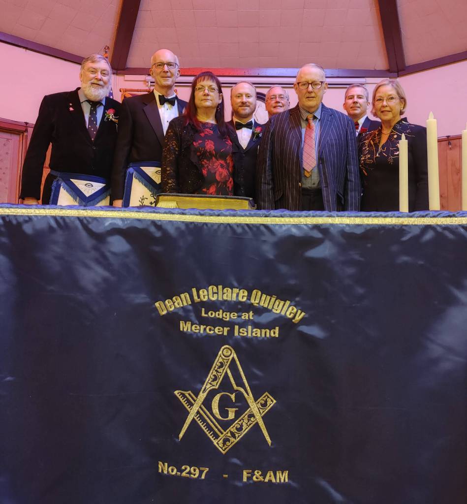 Left to right at the Mercer Island Freemasons meeting on Dec. 2: Scott Anderson, John Gebhart, Patty Quigley, Doug Stamper, Dan Taylor, Alan Quigley, Paul Hoeffer and Linda Quigley Sneff. Andy Nystrom/ staff photo