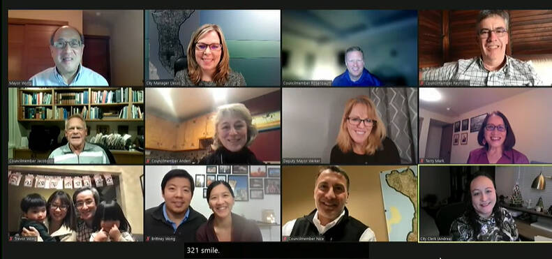 Mayor Benson Wong (top left) was honored at his final city council meeting on Dec. 7. He was joined by family members at the virtual meeting. Zoom screen shot