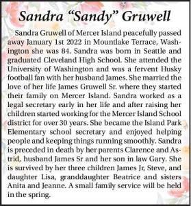 Sandra "Sandy" Gruwell | Obituary
