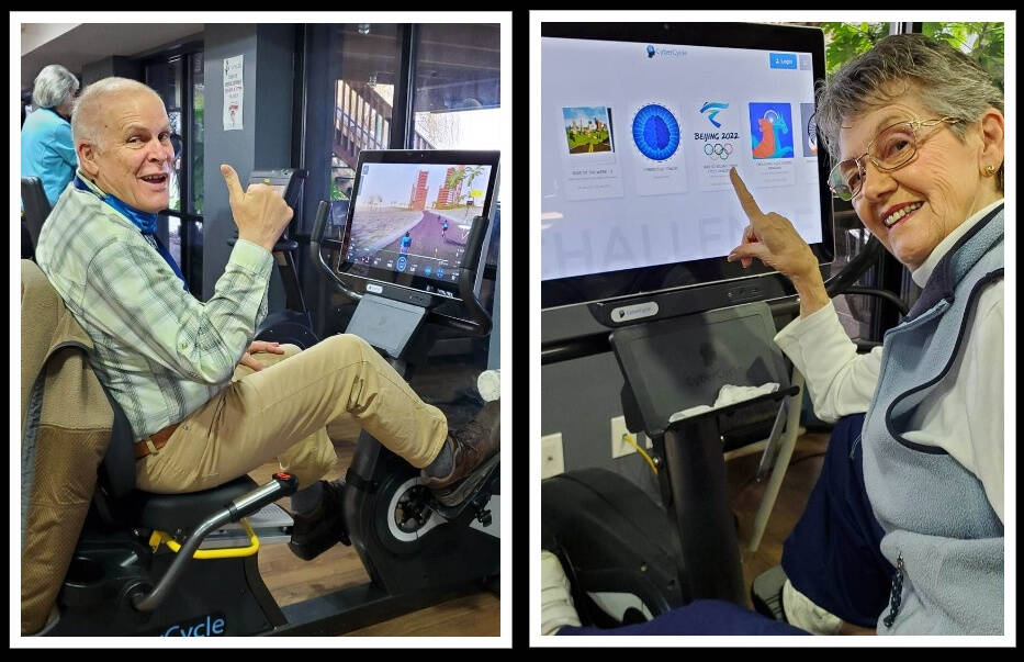 Mercer Island Covenant Living at the Shores residents John Willson and Donna Palmberg are tackling the Bike to Beijing Winter Olympics national challenge via the CyberCycle course. Photos courtesy of Mihaela Dimitriu