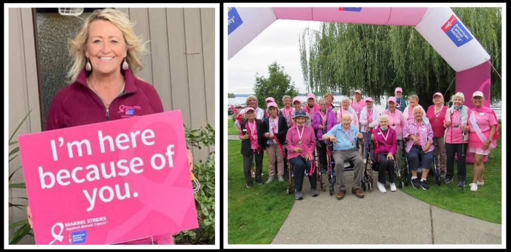 The American Cancer Society honored Roxanne Helleren as the 2022 recipient of the WA State Legacy & Leadership Celebrate Lives Award for organizing the Mercer Island Covenant Living at the Shores Making Strides Against Breast Cancer walk event in the fall and the Seattle Making Strides event. The senior living communitys resident life director, a cancer survivor herself, is passionate about the event and thankful for the support it gets each year. Helleren was honored during a virtual leadership event held on Feb. 8. She is pictured at left and on the far right in the survivors 2021 walk photo. Courtesy photos
