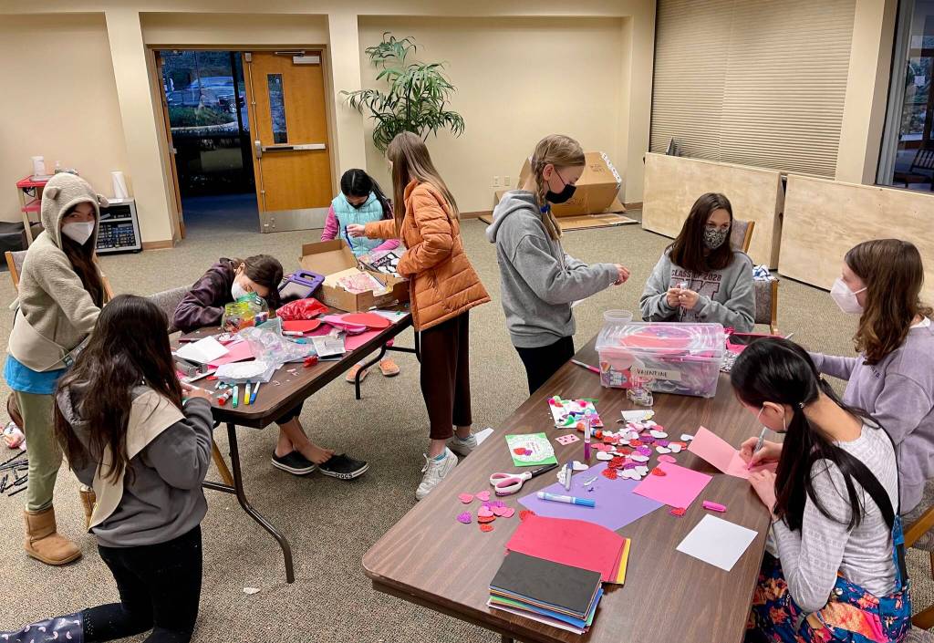 Mercer Island Girl Scouts make valentines for local seniors. Courtesy photo