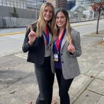 Mercer Island High School seniors Hannah Hobson, left, and Kayla Friedman celebrate their state DECA victory. Courtesy photo