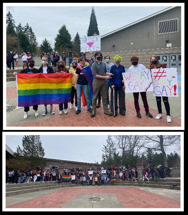 Mercer Island High School students participate in a walkout on March 11 against Floridas Dont Say Gay bill. Courtesy photos