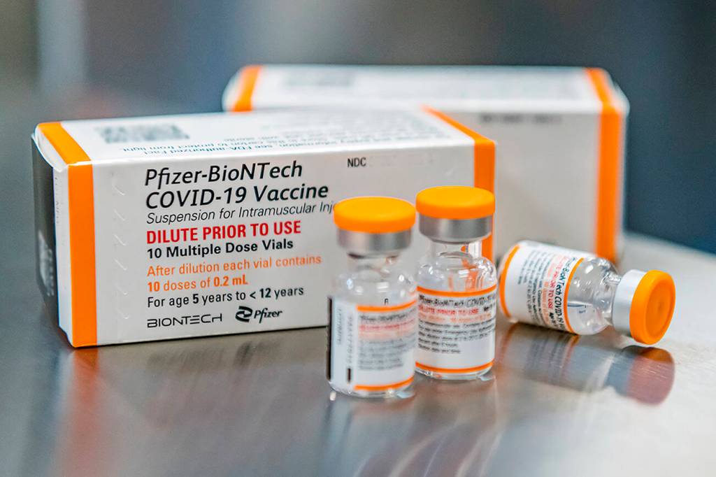 This October 2021 photo provided by Pfizer shows kid-size doses of its COVID-19 vaccine.