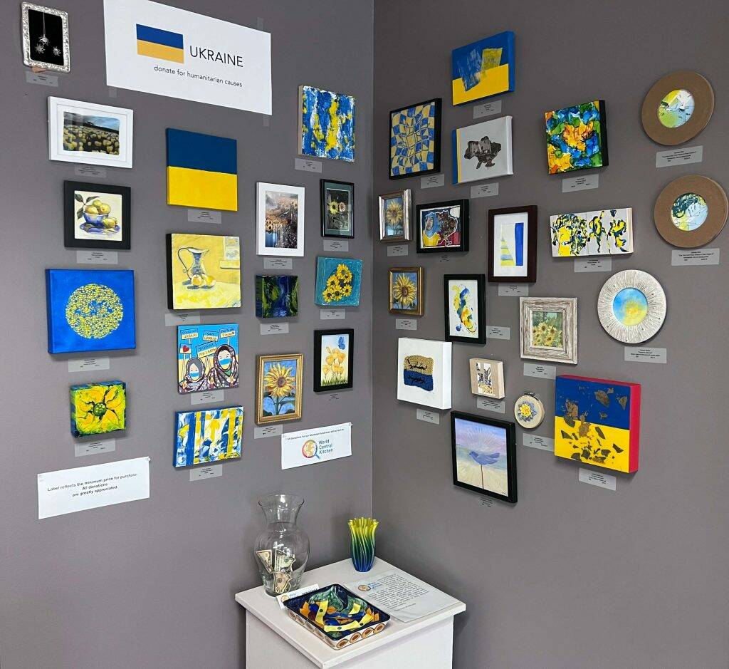 Mercer Island Visual Arts League has created a special blue and yellow wall with proceeds being donated to support the humanitarian needs of Ukrainian people. Courtesy photo