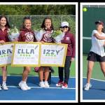 The Mercer Island High School girls tennis team completed the 3A KingCo regular season with a 12-0 record. Pictured in the group shot are coach Julie Stillman, seniors Maya Wong, Ava Chatalas, Mira Patel, Ella Simpson and Izzy Roe and head coach Carol Gullstad; Wong (white shirt); and Chatalas (black shirt). Photos courtesy of Lori Simpson