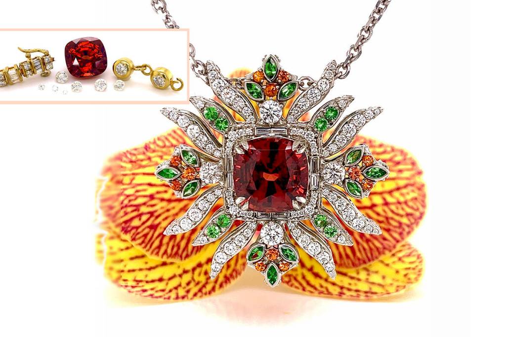 One of Robin Callahan's clients brought in some beautiful pieces of old and broken jewelry. The client gave Callahan complete design freedom, and she created this amazing statement pendant.