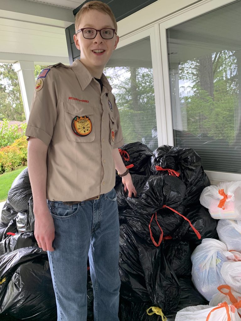 Covenant Living at the Shores residents of Mercer Island collected more than a dozen bags full of items for local high school senior and Eagle Scout Josiah Postma. Postma asked residents for help with donations of clothing and hygiene products to give to the Seattle-based Genesis Project. The nonprofit is dedicated to helping teenage girls and women who are survivors of sexual exploitation. Postma is a member of Mercer Islands Scout Troop #647. Courtesy photo