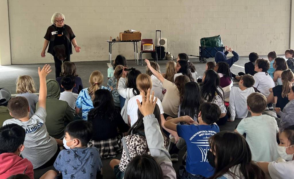 Judy Kusakabe answering questions from West Mercer Elementary 4th graders during her presentation. Photos by Soyun Chow
